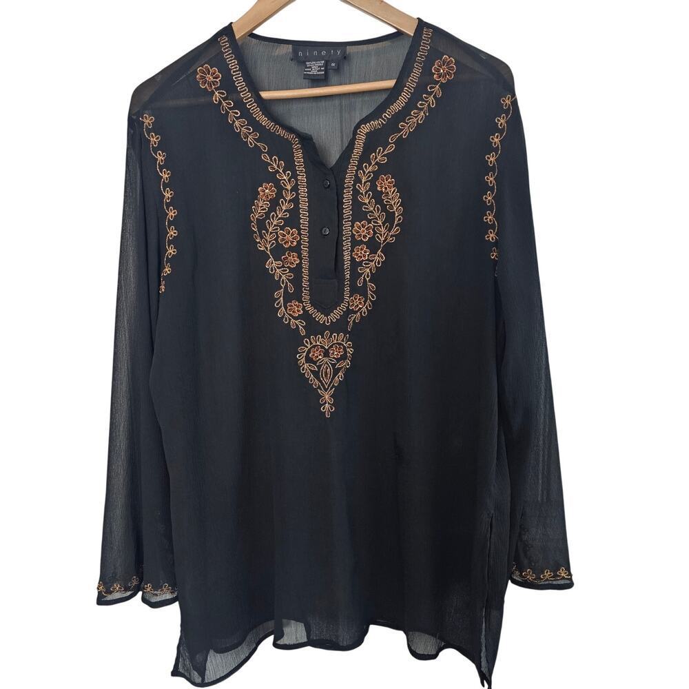 Ninety Y2K Blouse Women 1X Black Sheer Whimsygoth Fairy Boho Relaxed Glam Beaded